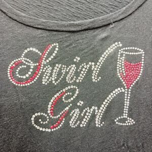 T-Shirt Size L Swirl Girl Rhinestone Wine Glass Y2K Tasting Bottle Glam Black